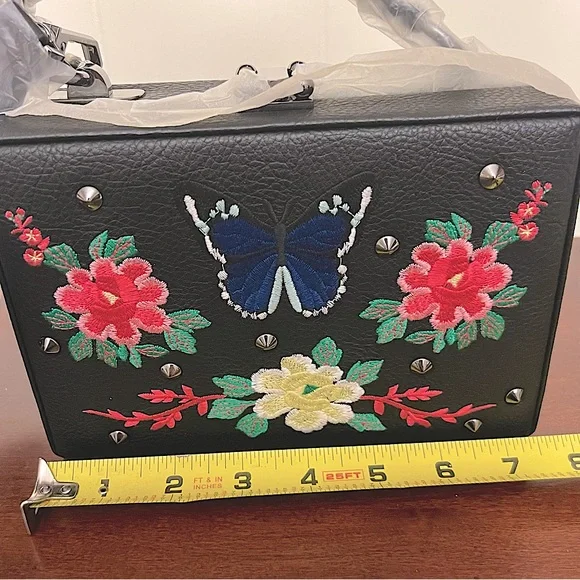Nasty Gal Black faux leather embroidered Butterfly Flowers studs Crossbody Purse - Picture 10 of 12